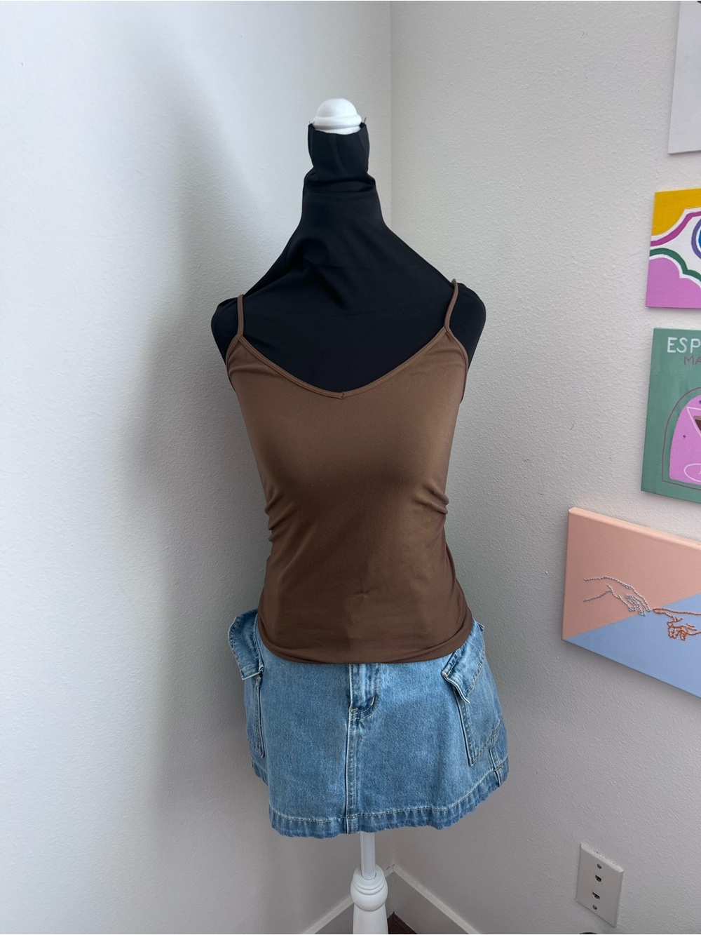 Y2K Charlotte Russe Brown Stretch Cami Tank Top – Minimalist Spaghetti Strap